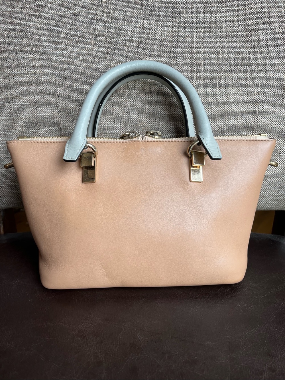 Chloe Leather Crossbody with Pale Blue Handles and Gold Chain